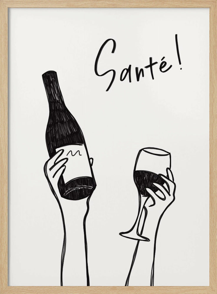 Hände halten eine Weinflasche und ein Weinglas mit dem Text „Prost!“ auf Französisch | Poster