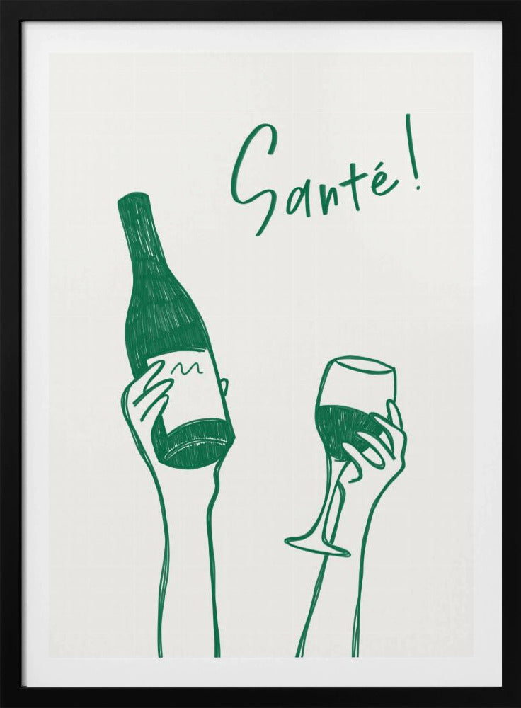 Hände halten eine Weinflasche und ein Weinglas mit dem Text „Prost!“ auf Französisch | Poster