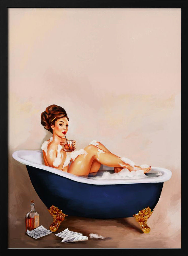 Bathtub Drinks: Pinup Girl Drinking In Bathroom | Poster
