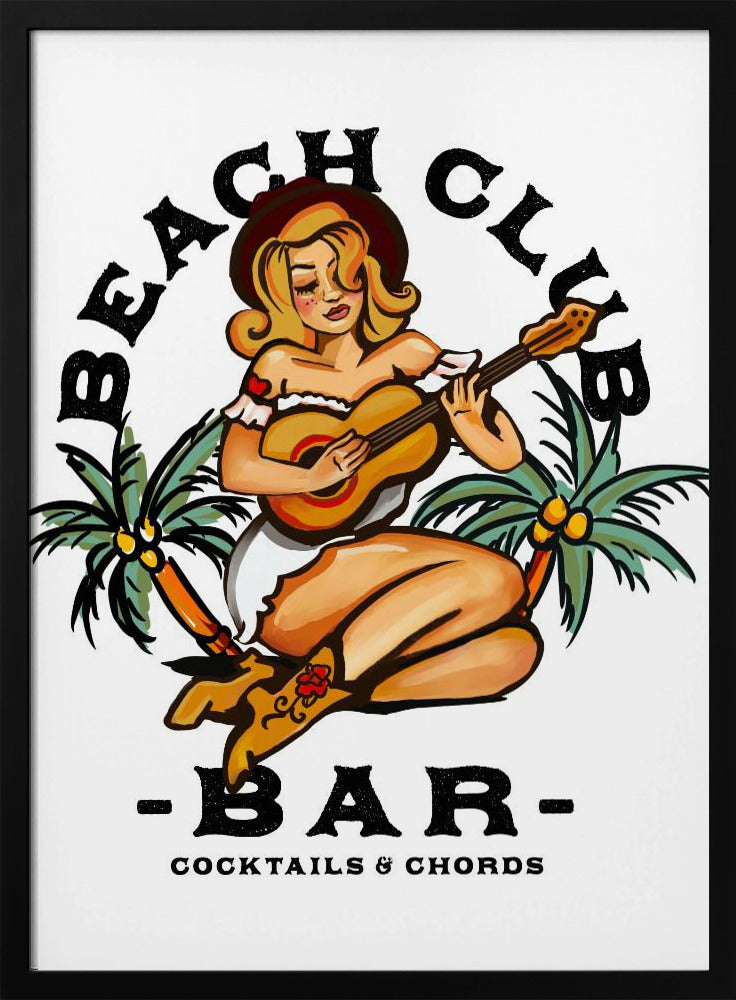 Beach Club Bar. Pin-up-Girl im Sailor Jerry-Stil spielt Gitarre | Poster