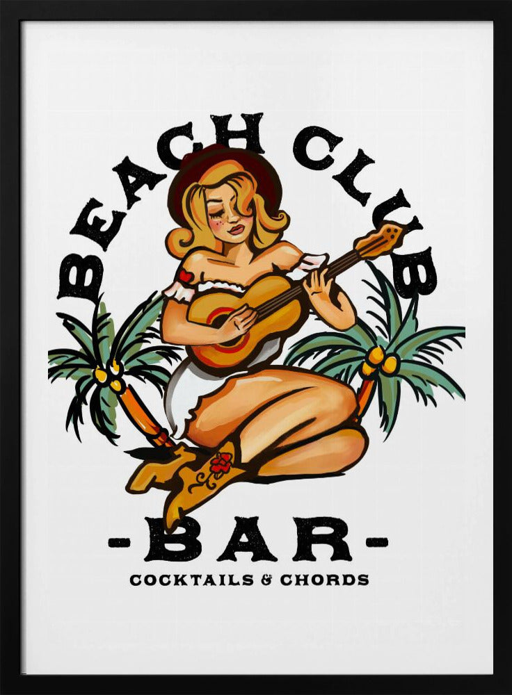 Beach Club Bar. Pin-up-Girl im Sailor Jerry-Stil spielt Gitarre | Poster