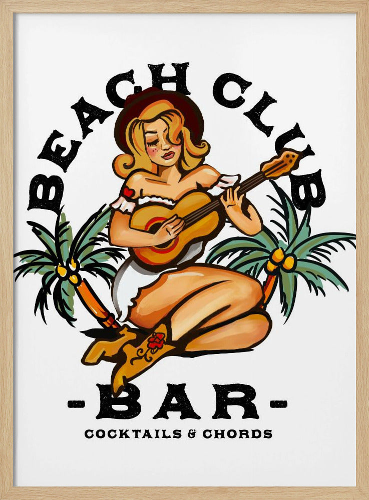 Beach Club Bar. Pin-up-Girl im Sailor Jerry-Stil spielt Gitarre | Poster