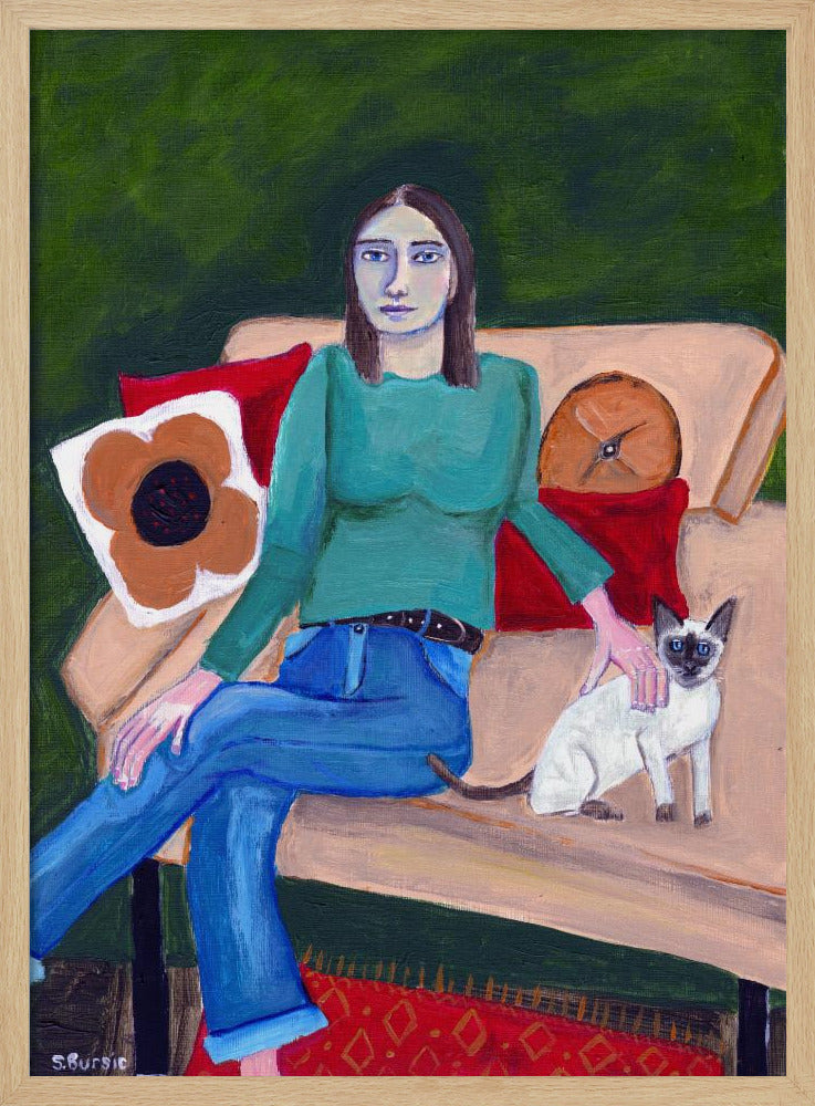 Dame sitzt mit Siamkatze | Poster