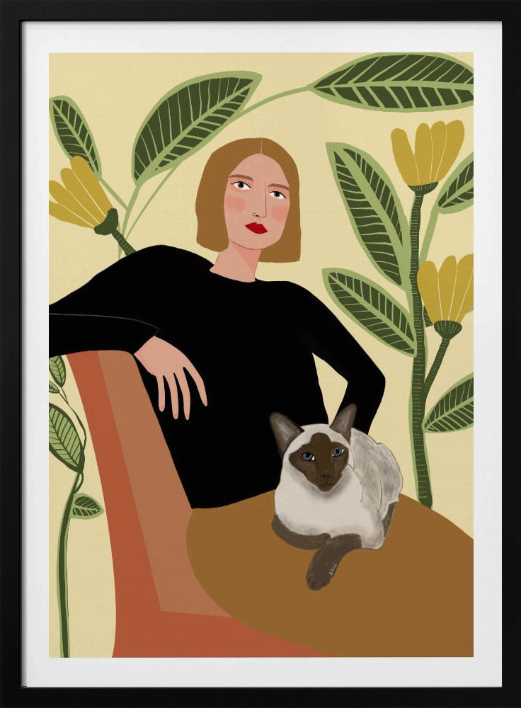 Dame mit Pflanzen und Katze | Poster
