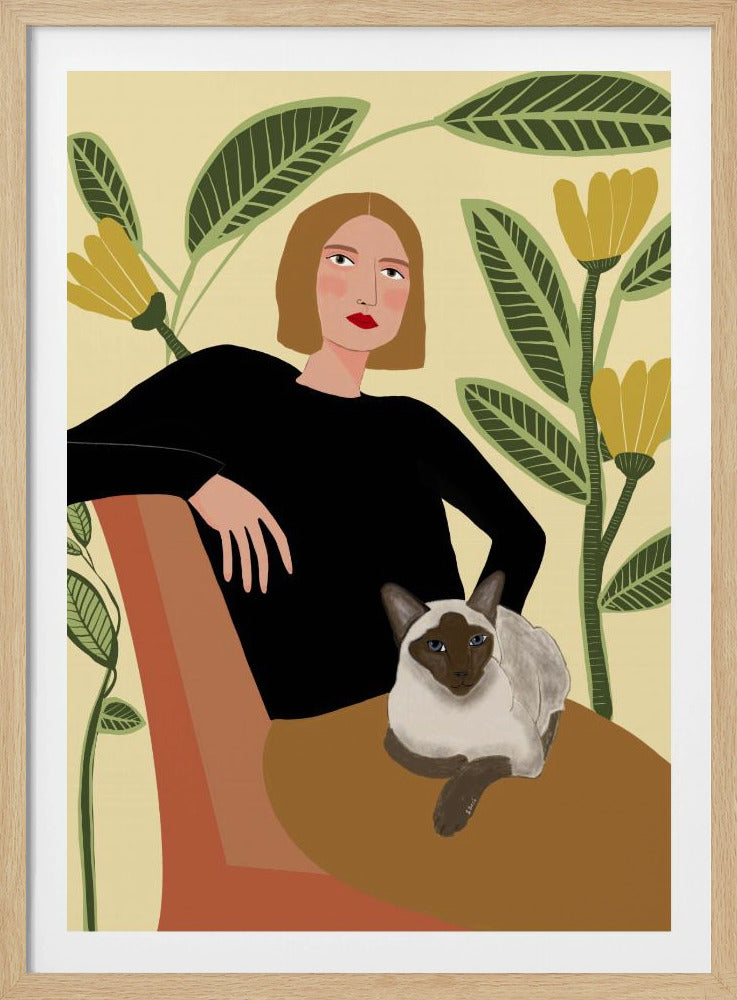 Dame mit Pflanzen und Katze | Poster