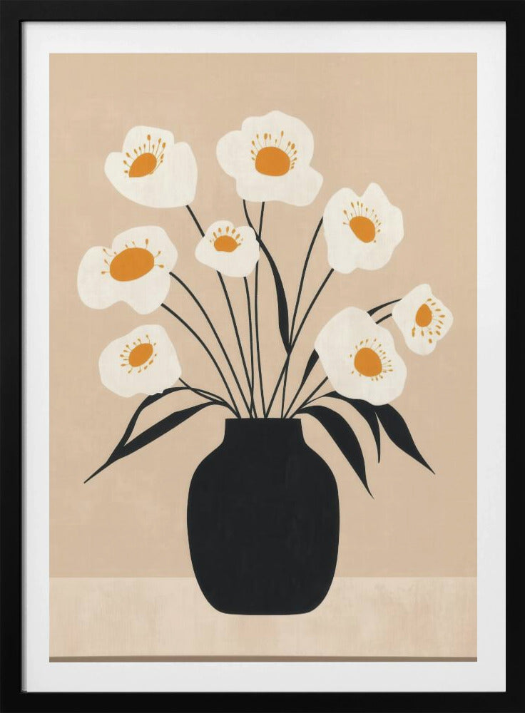 Weiße Blumen in schwarzer Vase | Poster