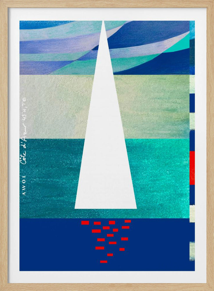 Abstraktes Segelboot an der französischen Riviera, farbenfroher Côte d'Azur-Kunstdruck | Poster