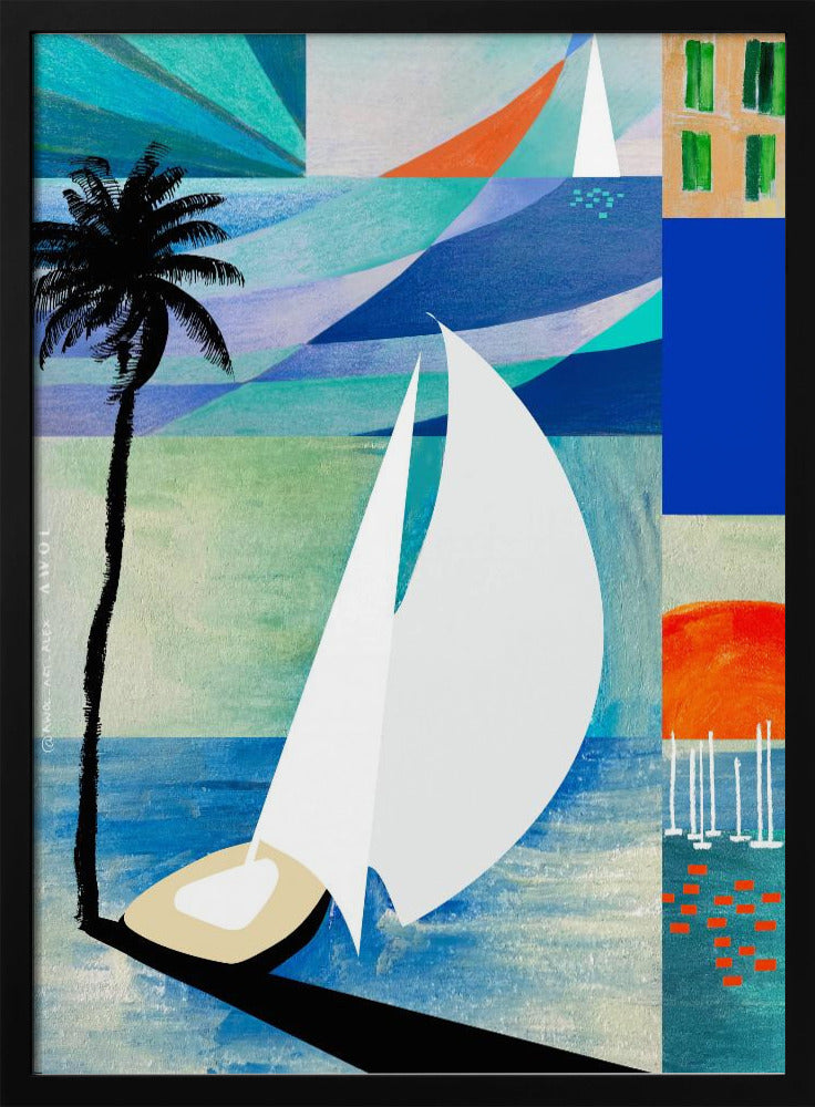 Farbenfroher mediterraner Reisekunstdruck mit Sonnenaufgang und Palme | Poster