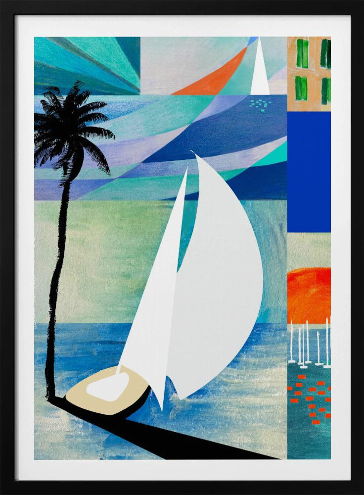 Farbenfroher mediterraner Reisekunstdruck mit Sonnenaufgang und Palme | Poster