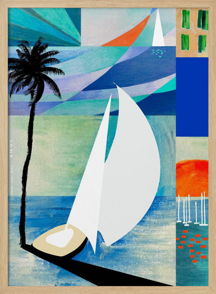 Farbenfroher mediterraner Reisekunstdruck mit Sonnenaufgang und Palme | Poster