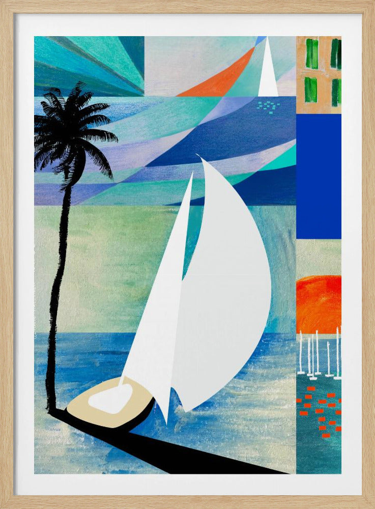 Farbenfroher mediterraner Reisekunstdruck mit Sonnenaufgang und Palme | Poster