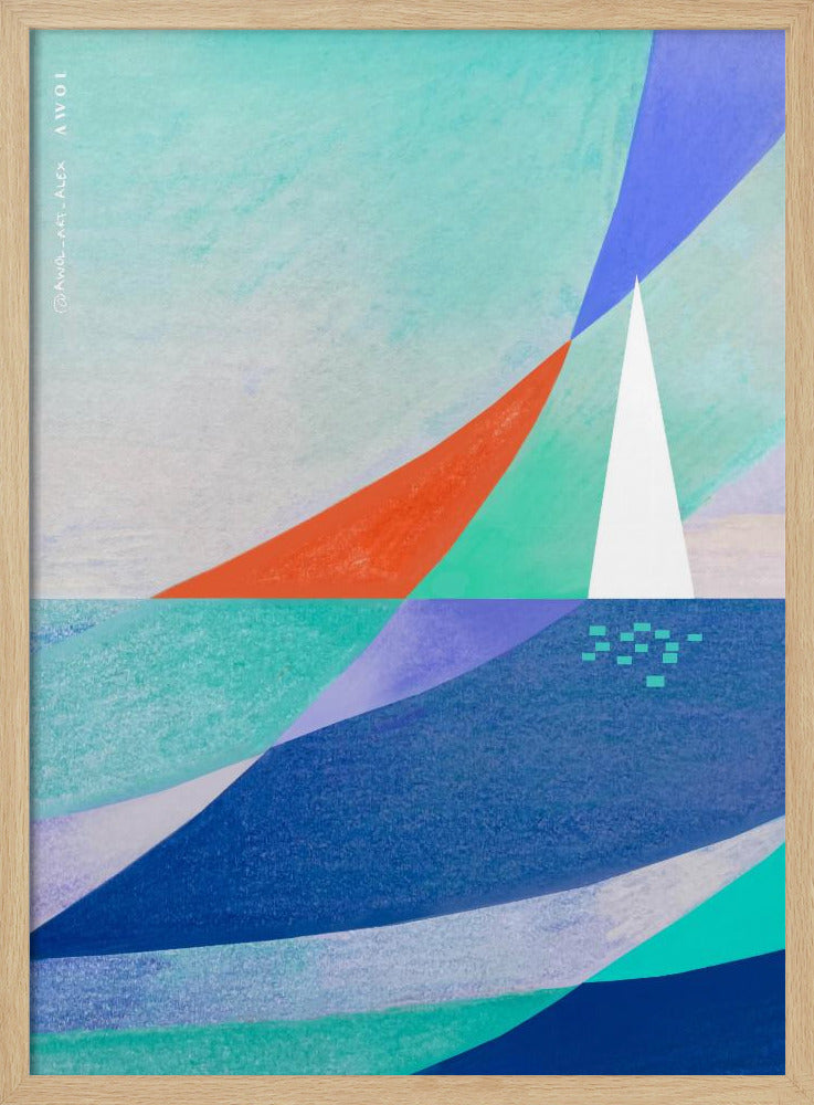 Abstrakte Ozeankunst mit minimalistischem weißen Segelboot auf dem Meer | Poster