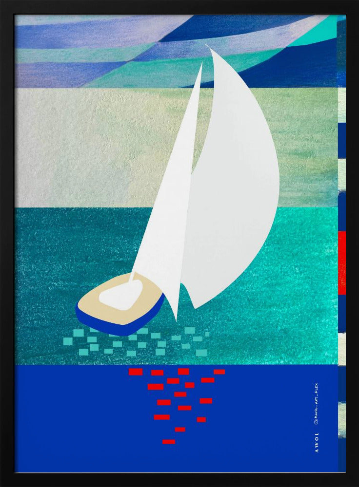 Weißes Segelboot mit Spiegelungen, abstrakte Meereskunst mit grafischen Streifen | Poster