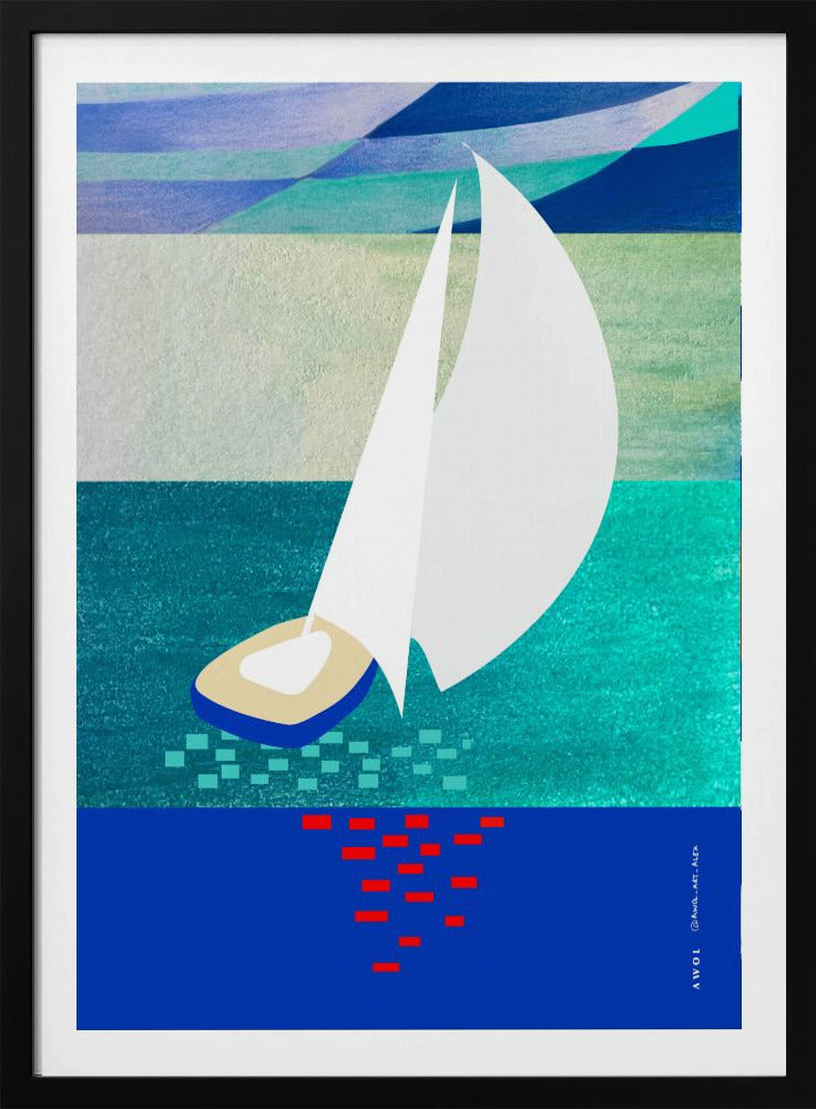 Weißes Segelboot mit Spiegelungen, abstrakte Meereskunst mit grafischen Streifen | Poster