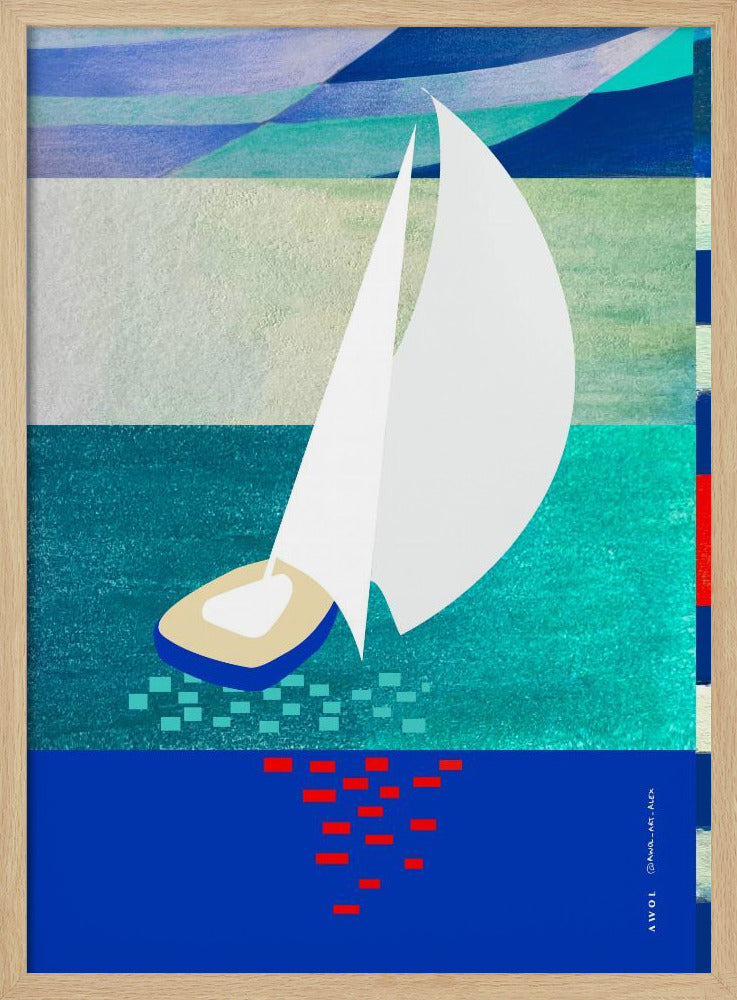 Weißes Segelboot mit Spiegelungen, abstrakte Meereskunst mit grafischen Streifen | Poster