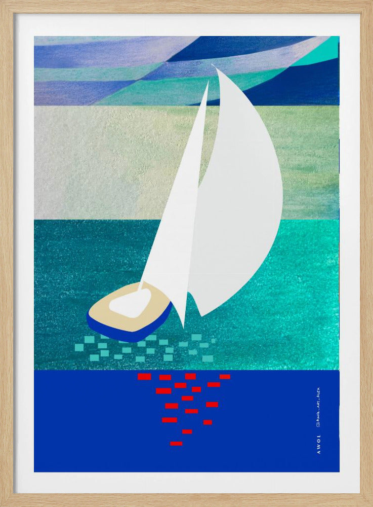 Weißes Segelboot mit Spiegelungen, abstrakte Meereskunst mit grafischen Streifen | Poster