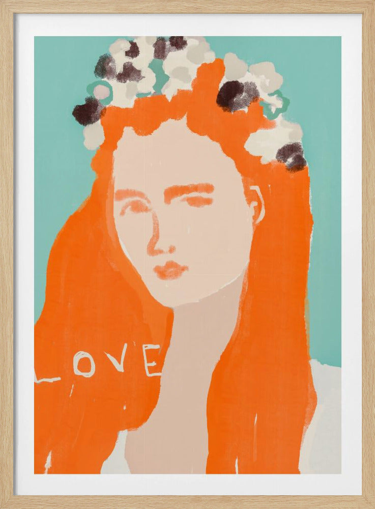 Frau mit orangefarbenem Haar, geschmückt mit Blumen | Poster