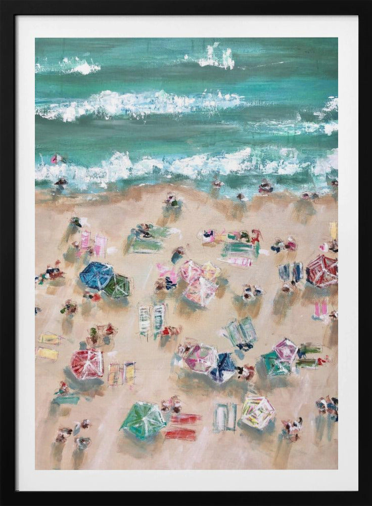 Bunte Sonnenschirme und Sonnenanbeter an einem Sandstrand | Poster