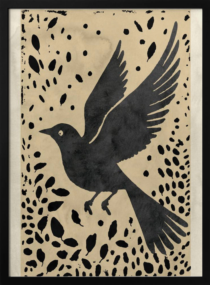 Vogel im Flug, umgeben von verstreuten Blättern | Poster