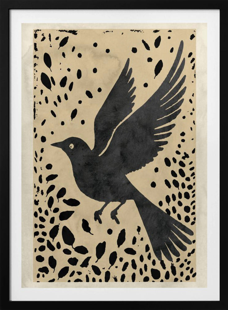 Vogel im Flug, umgeben von verstreuten Blättern | Poster