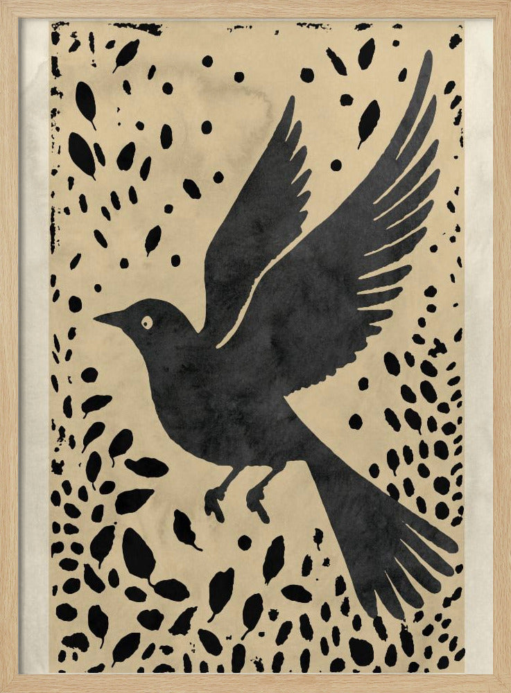 Vogel im Flug, umgeben von verstreuten Blättern | Poster