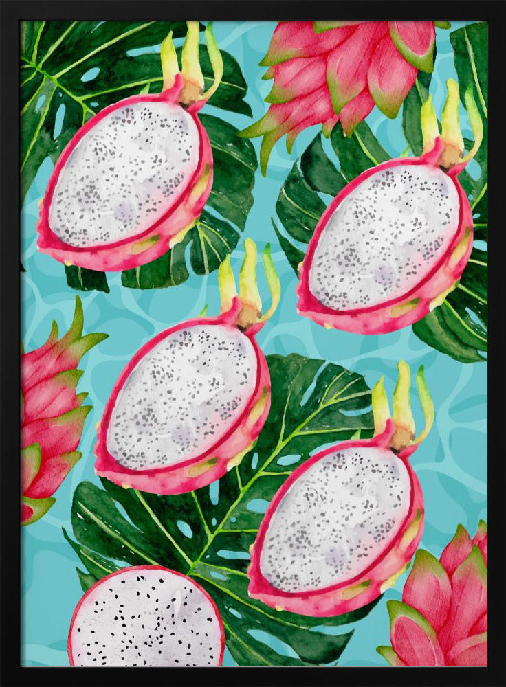Vibrant Dragon Fruit &amp; Monstera Leaves Aesthetic Pattern - Exotic Tropical watercolor | Poster