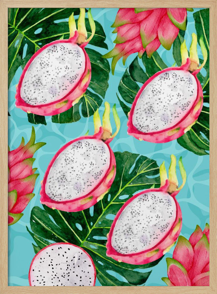 Vibrant Dragon Fruit &amp; Monstera Leaves Aesthetic Pattern - Exotic Tropical watercolor | Poster