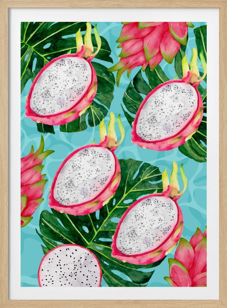 Vibrant Dragon Fruit &amp; Monstera Leaves Aesthetic Pattern - Exotic Tropical watercolor | Poster