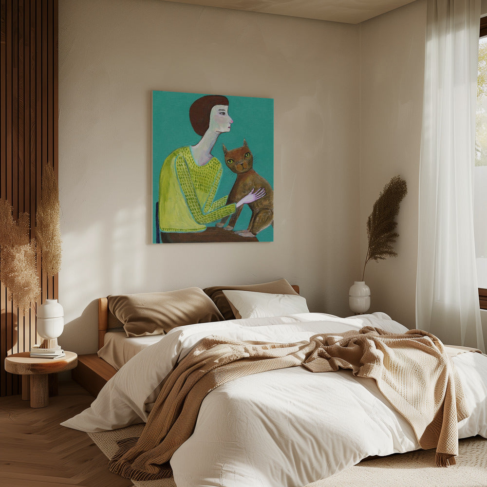 Lady Sitting with Brown Cat Cat Lover | Canvas