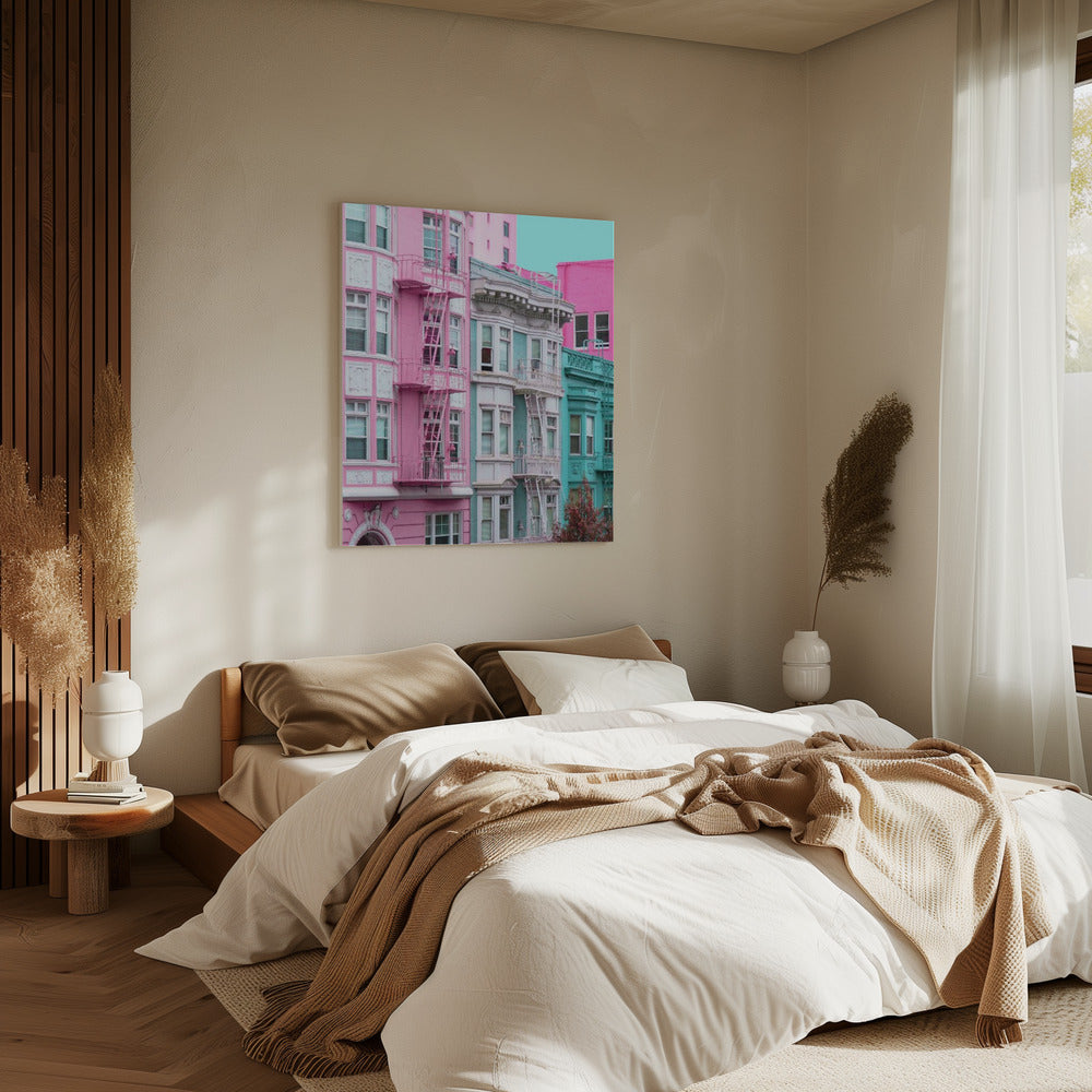 Rosa und blaue Reihenhäuser in San Francisco | Leinwand