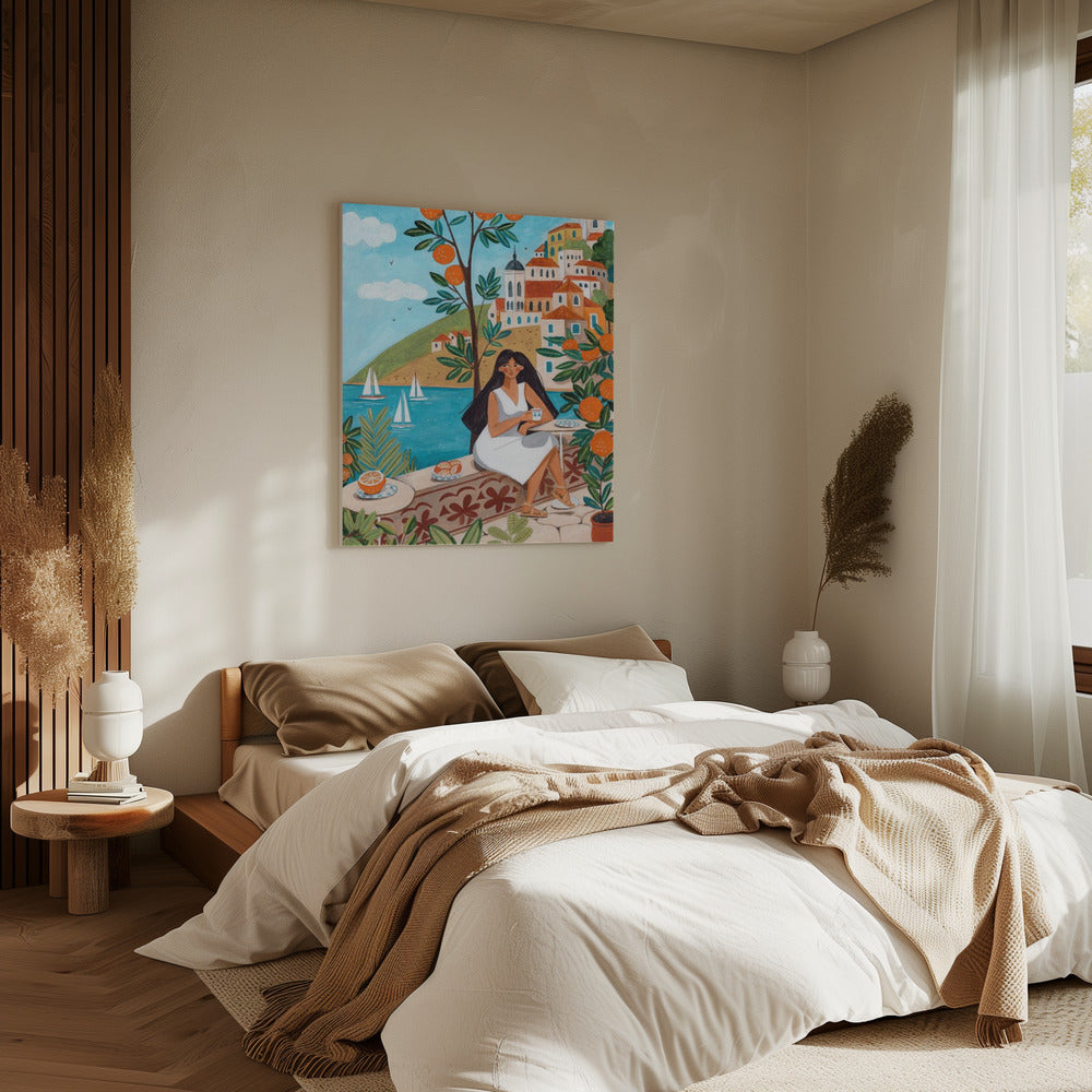 Reiseposter Frau an der Mittelmeerküste | Leinwand