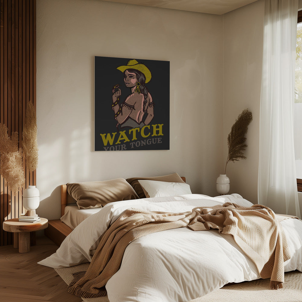 Watch Your Tongue Badass Pin-Up Cowgirl &amp; Rattlesnake | Canvas