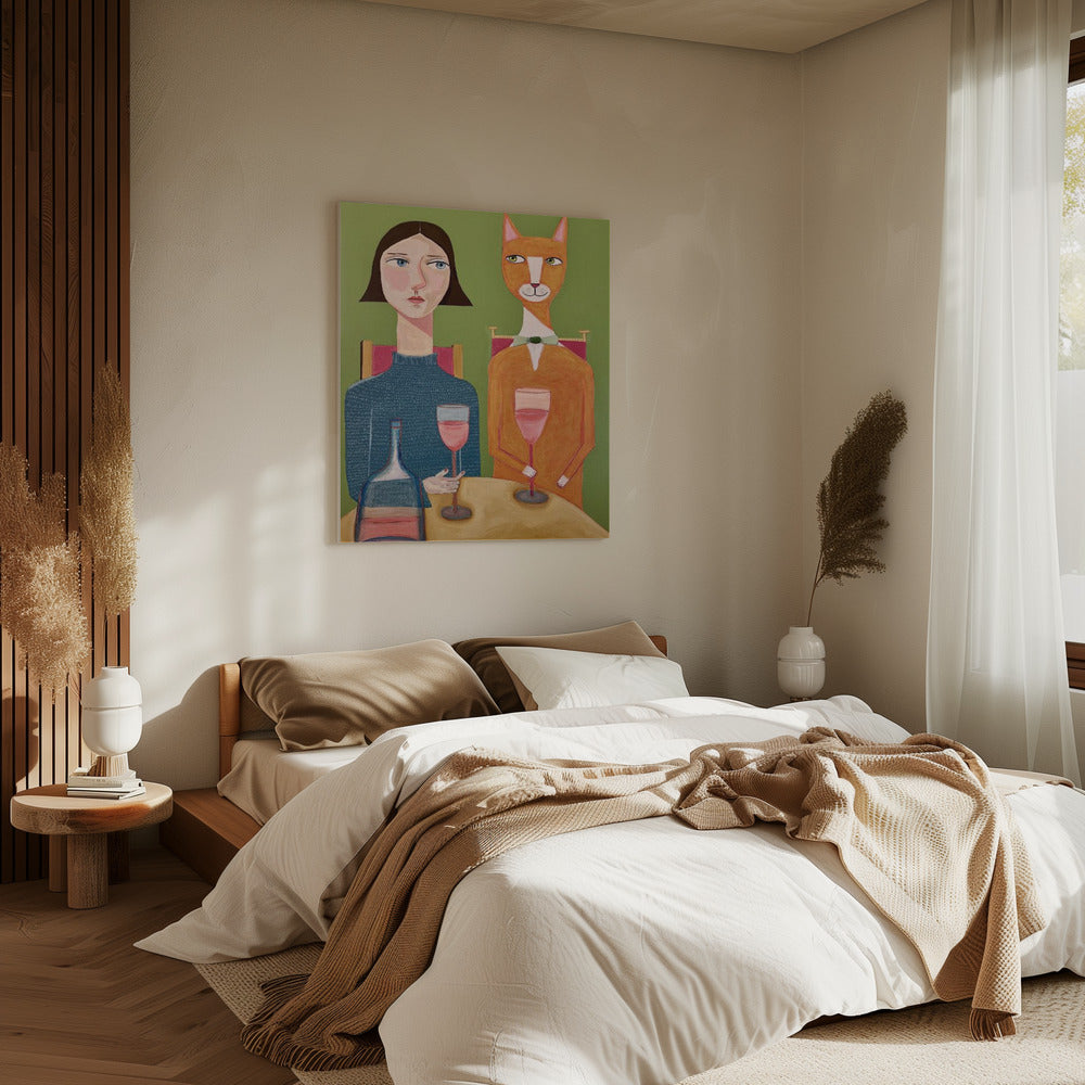 Dame und Katze trinken Wein | Leinwand