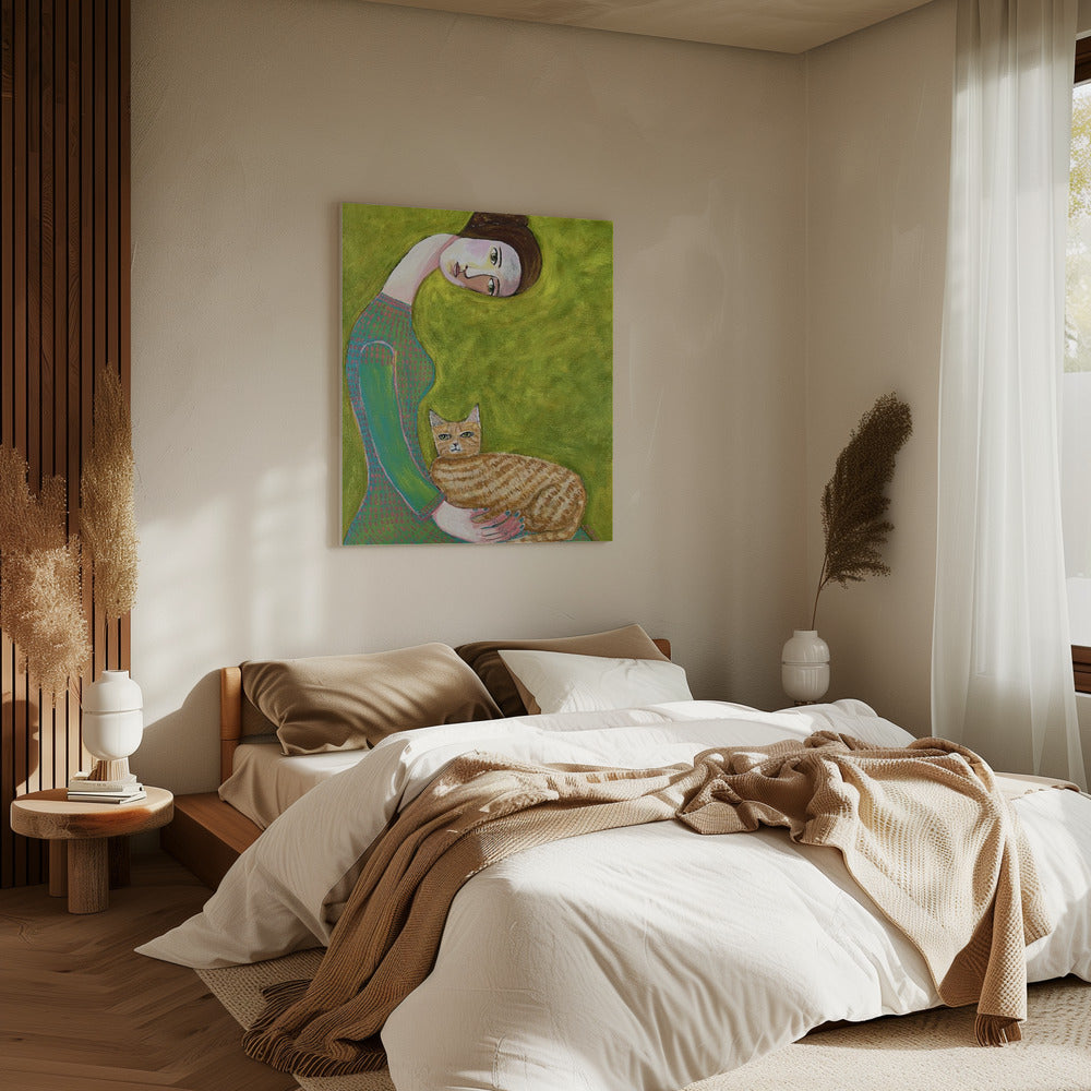 Bent Neck Lady with her so loved ginger cat. | Canvas