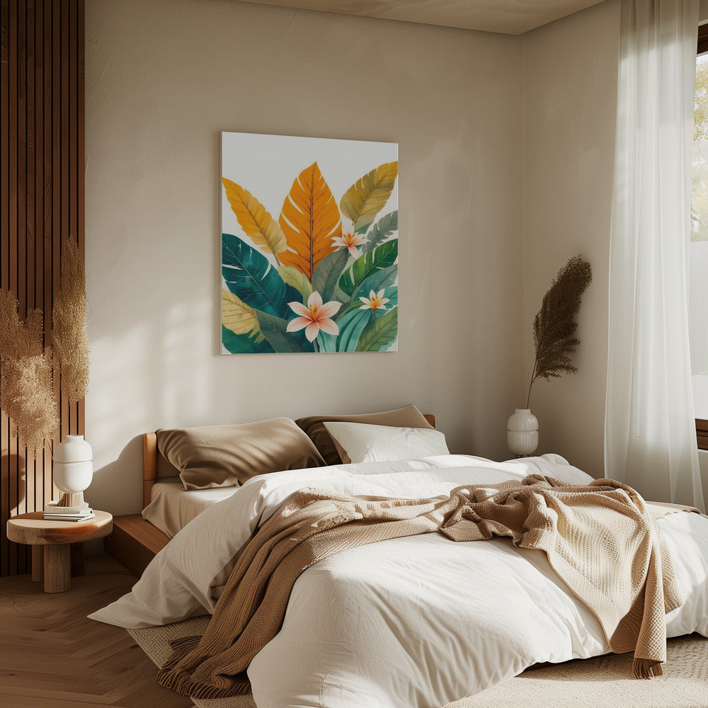 Tropische Blätter und zarte Blüten | Leinwand