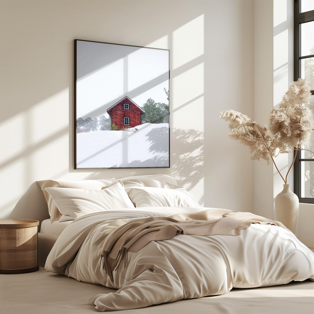 Altes rotes Haus während eines Schneesturms | Poster