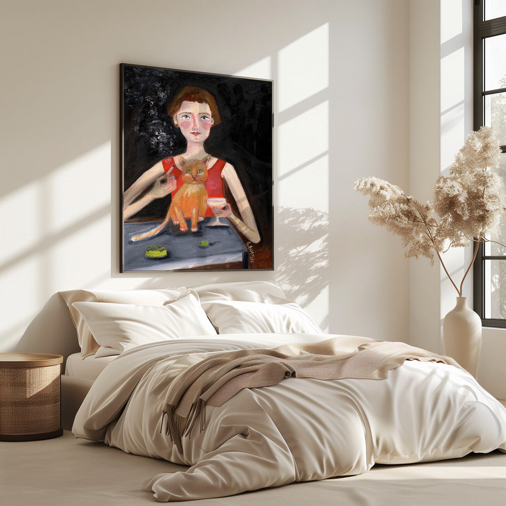 Vintage Frau mit Cocktail und Katze | Poster