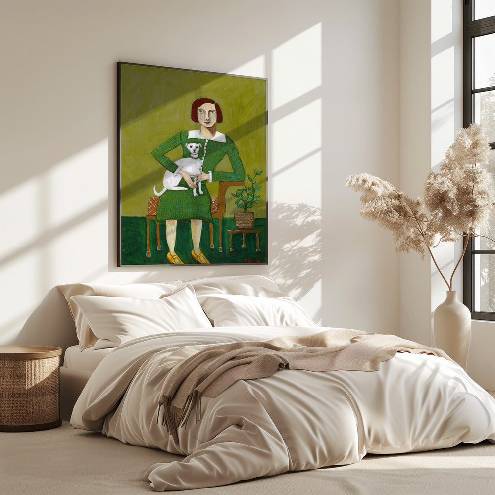Vintage Dame mit ihrem weißen Hund | Poster