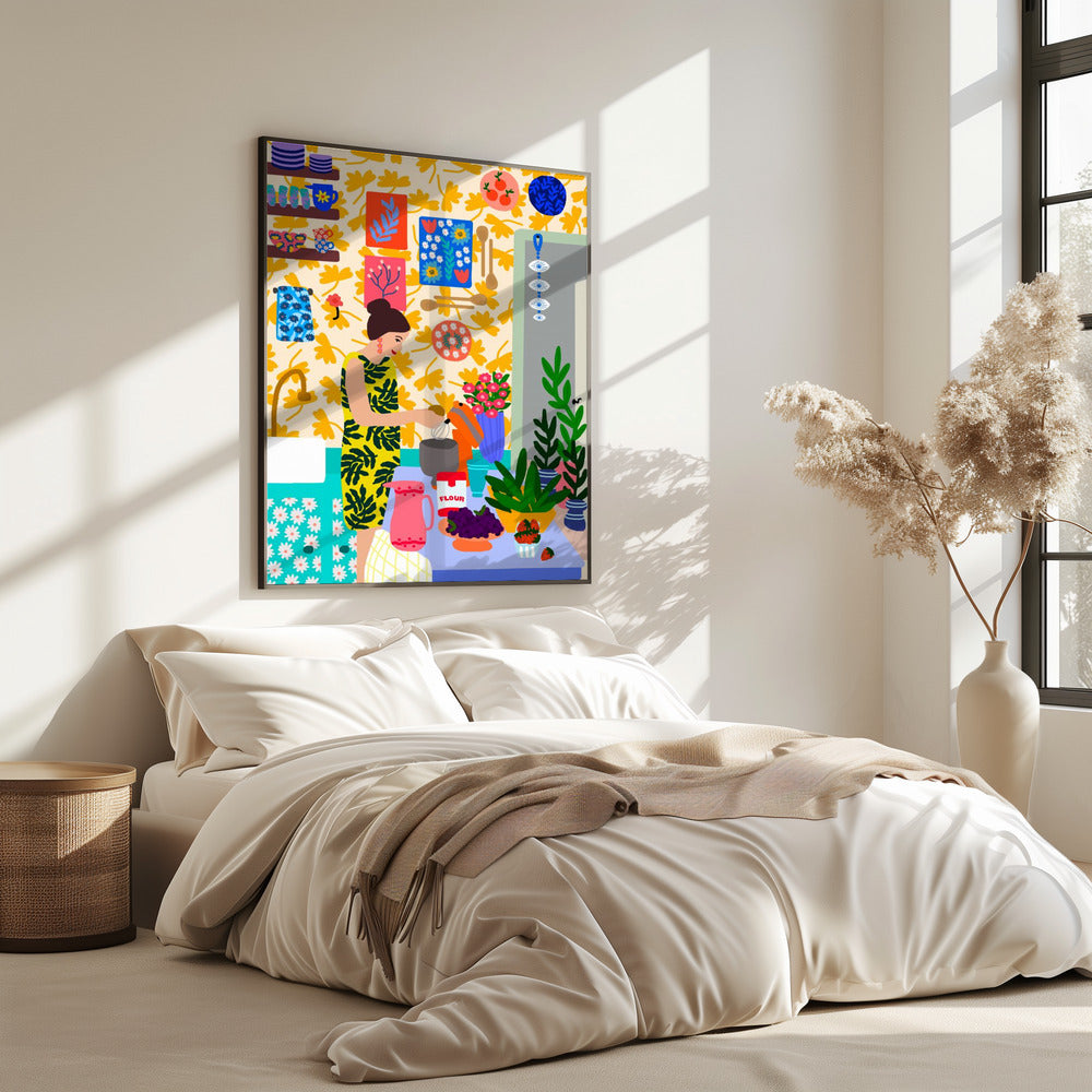 Eine Frau in einer Küche mit Blumen | Poster