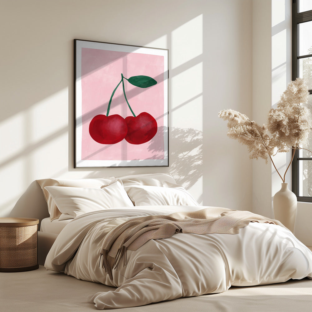 Rote Kirschen mit grünem Blatt | Poster