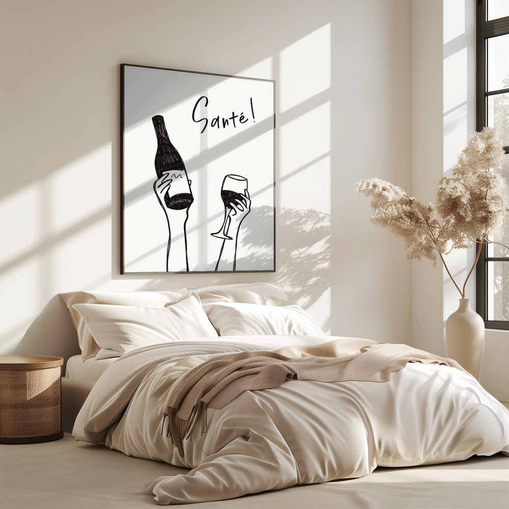 Hände halten eine Weinflasche und ein Weinglas mit dem Text „Prost!“ auf Französisch | Poster