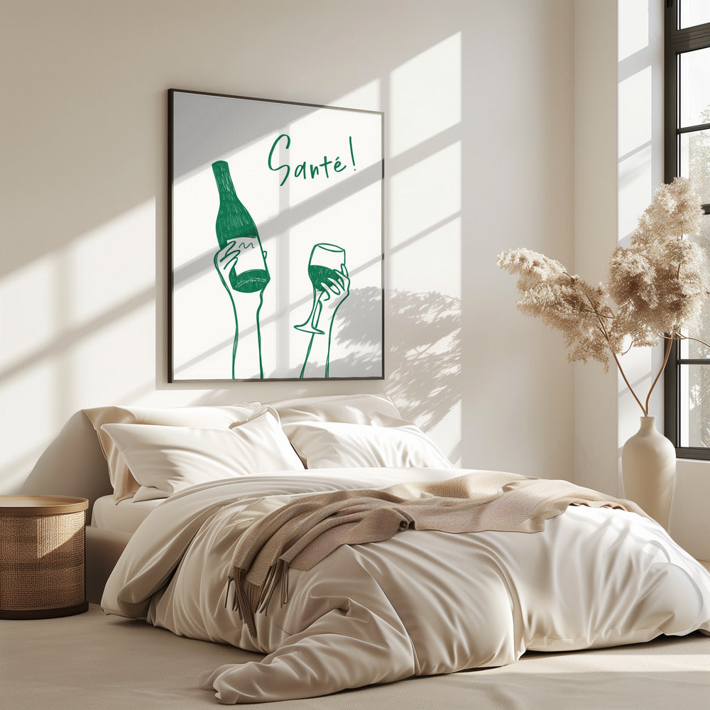 Hände halten eine Weinflasche und ein Weinglas mit dem Text „Prost!“ auf Französisch | Poster