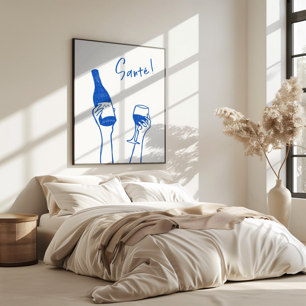 Hände halten eine Weinflasche und ein Weinglas mit dem Text „Prost!“ auf Französisch | Poster