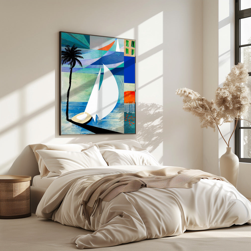 Farbenfroher mediterraner Reisekunstdruck mit Sonnenaufgang und Palme | Poster