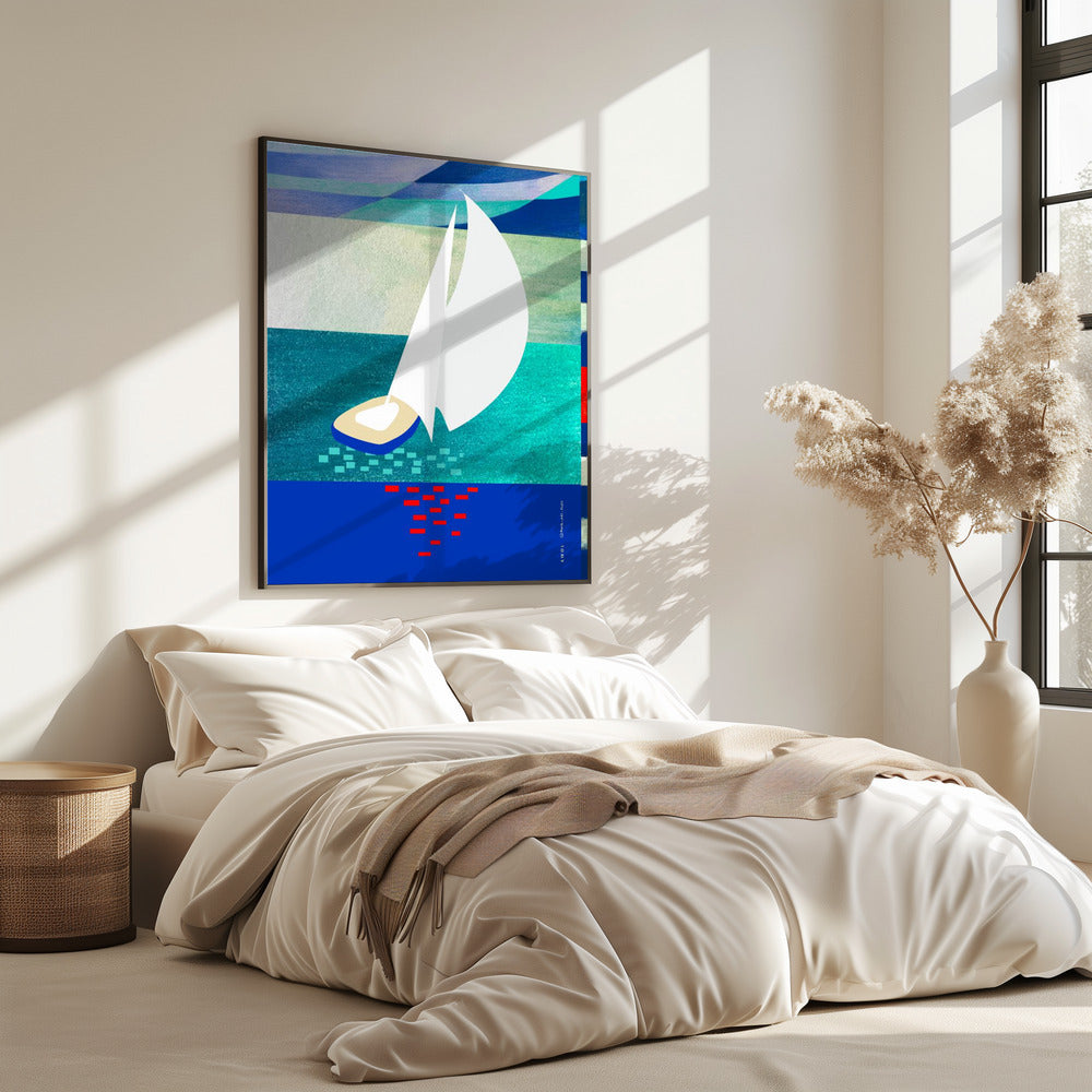 Weißes Segelboot mit Spiegelungen, abstrakte Meereskunst mit grafischen Streifen | Poster