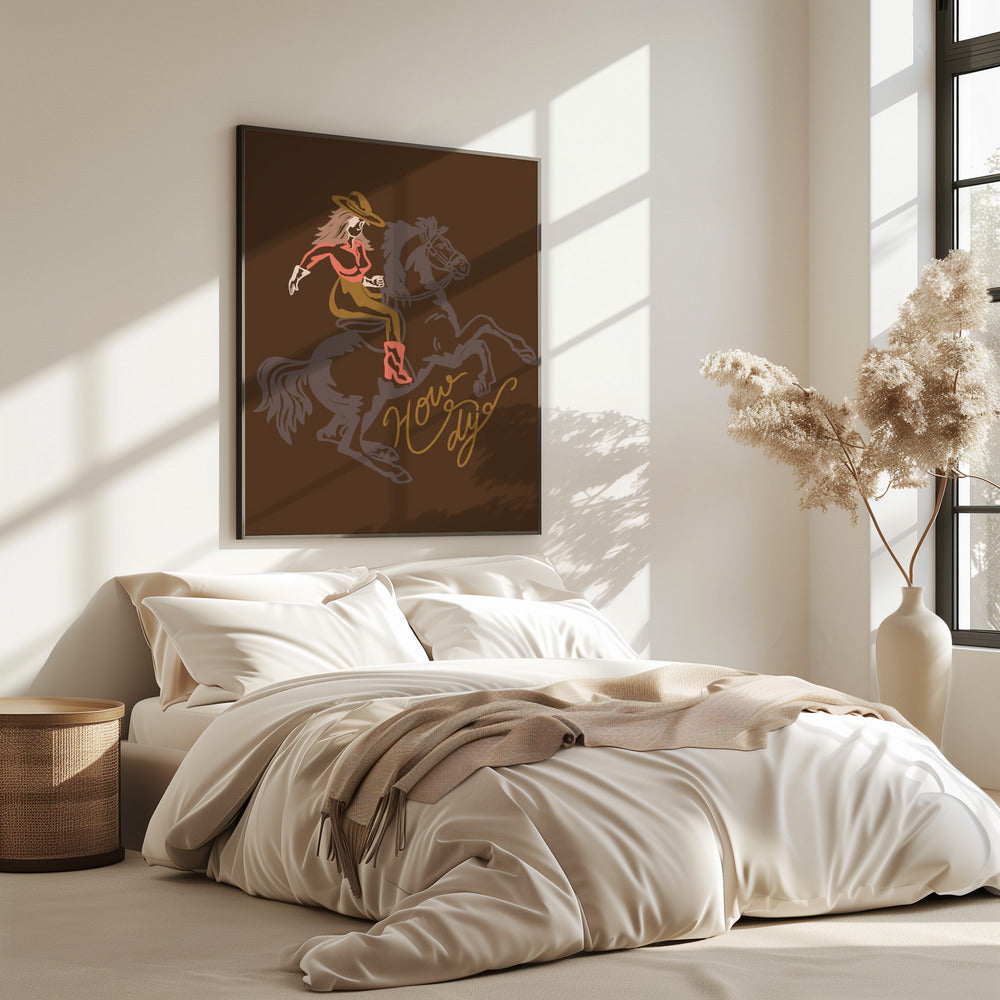 Cowgirl reitet auf einem sich aufbäumenden Pferd | Poster