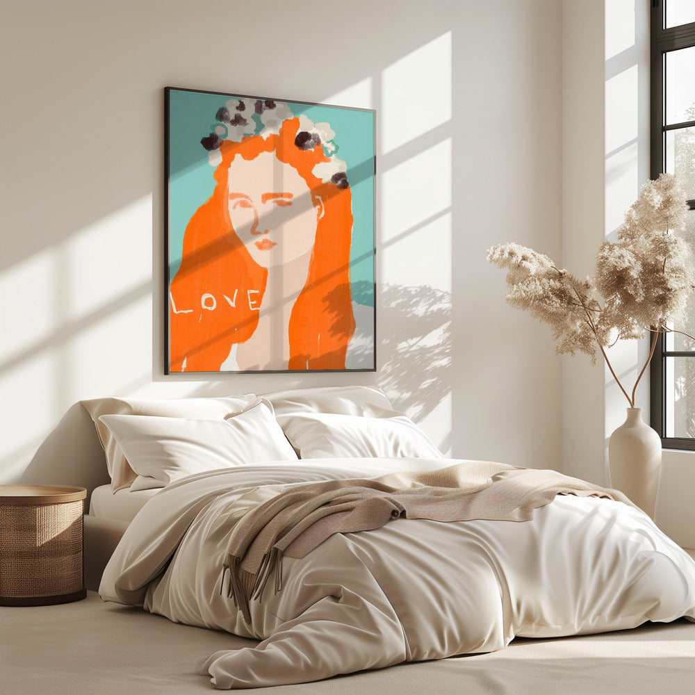 Frau mit orangefarbenem Haar, geschmückt mit Blumen | Poster