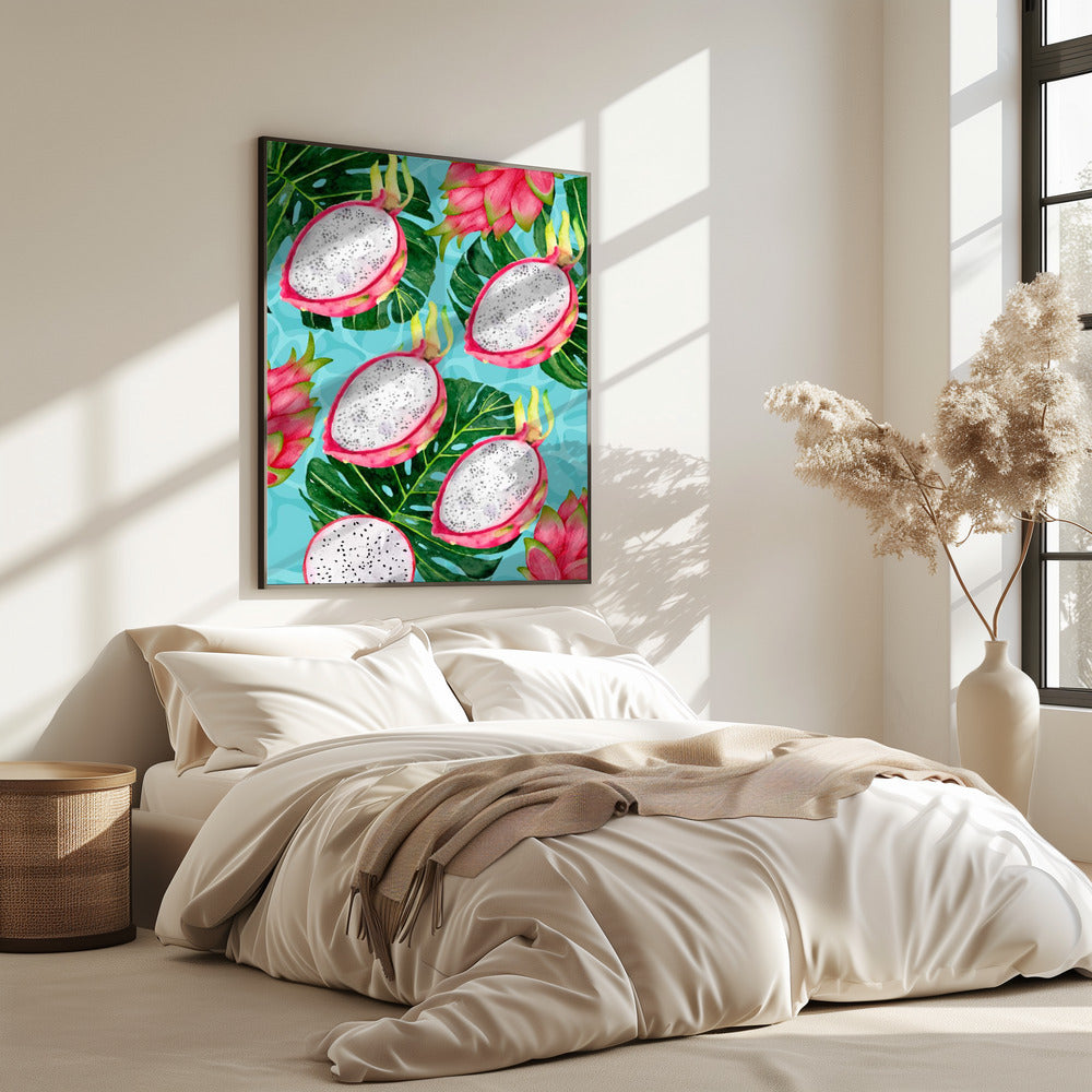 Vibrant Dragon Fruit &amp; Monstera Leaves Aesthetic Pattern - Exotic Tropical watercolor | Poster
