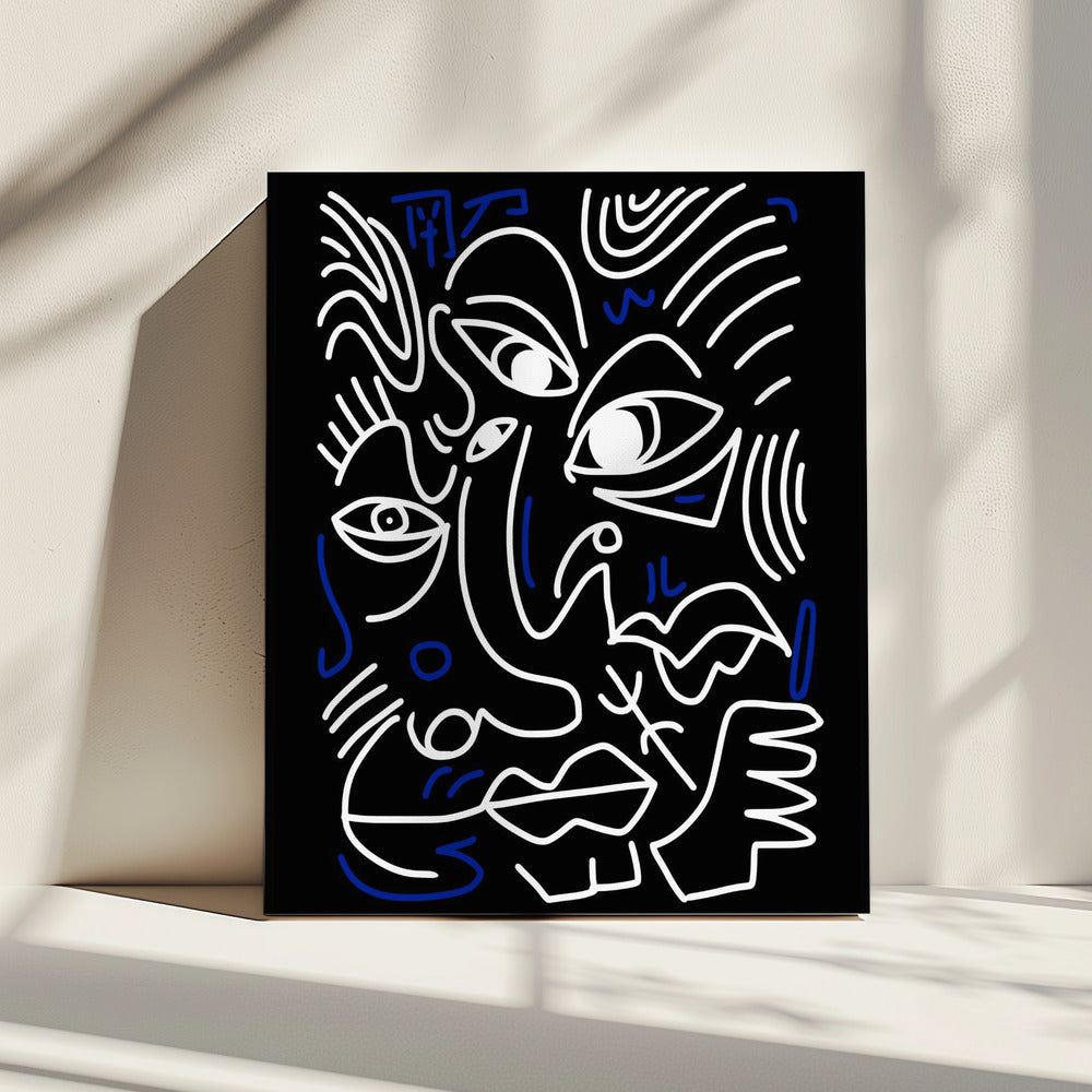 Weiße und blaue Linien auf schwarzem Hintergrund | Leinwand