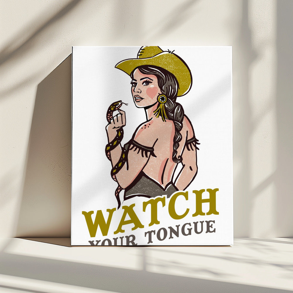 Watch Your Tongue Badass Pin-Up Cowgirl &amp; Rattlesnake | Canvas